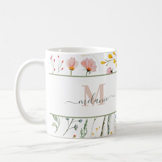 Mug Boho Fleurs sauvages Nom personnalisé Monogramme (Gauche)