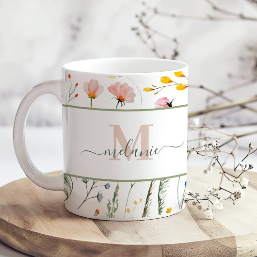 Mug Boho Fleurs sauvages Nom personnalisé Monogramme