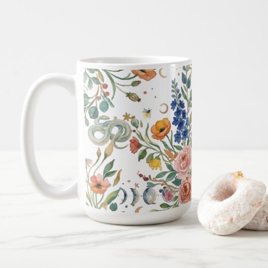 Mug Boho Floral Celestial Moon  & Snakes Botanical (Avec donut)