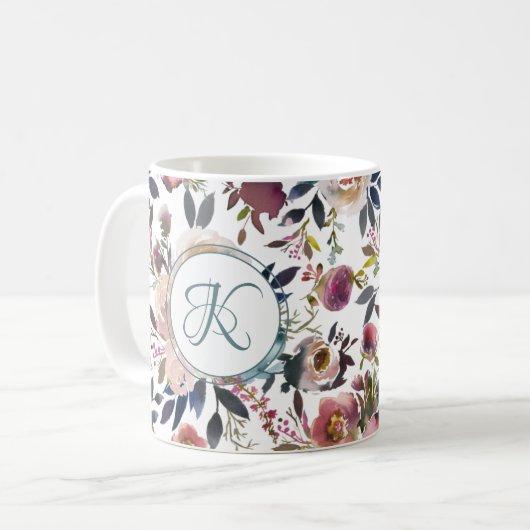 Mug Boho Flowers vert rose Monogramme (Devant gauche)