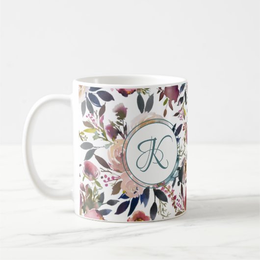 Mug Boho Flowers vert rose Monogramme (Gauche)