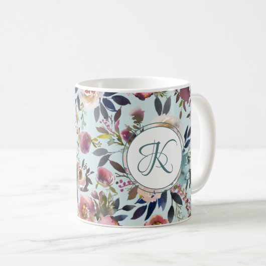 Mug Boho Flowers vert rose Monogramme (Devant droit)