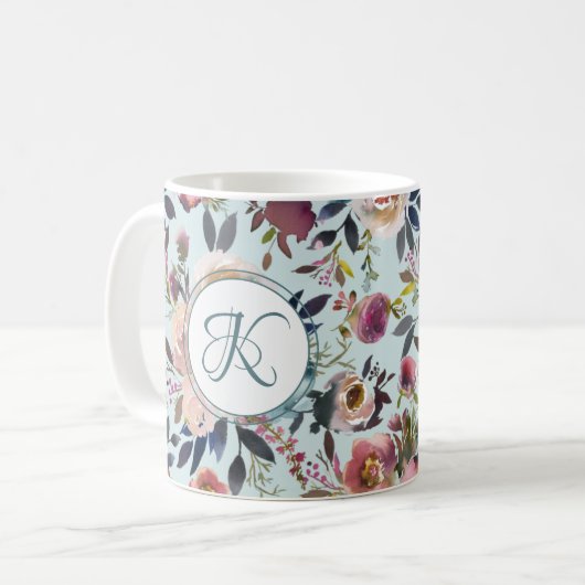 Mug Boho Flowers vert rose Monogramme (Devant gauche)