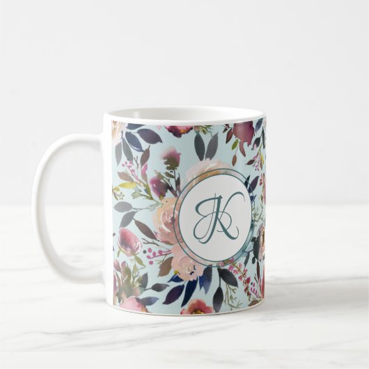 Mug Boho Flowers vert rose Monogramme (Gauche)
