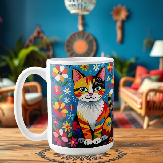 Mug Boho Folk Art Cat, Flowers & Butterfly  