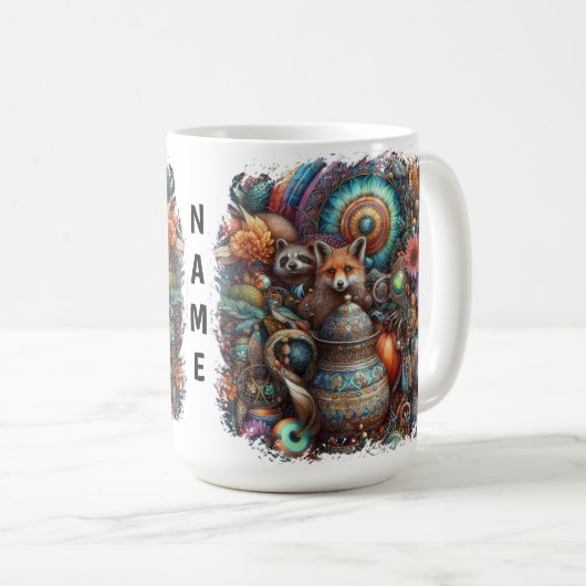 Mug Boho Fox Raccoon Floral Design (Devant droit)
