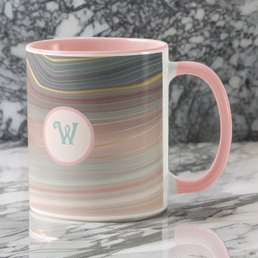 Mug Boho Peachy Pink et Aqua Gold Strata avec initial