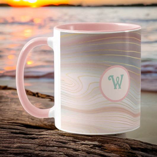 Mug Boho Peachy Pink et Aqua Gold Strata avec initial