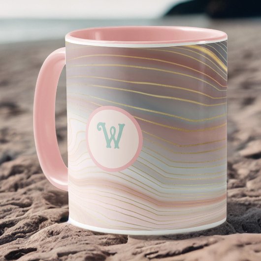 Mug Boho Peachy Pink et Aqua Gold Strata avec initial