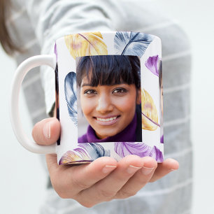Mug Boho plumes violet jaune blanc photo
