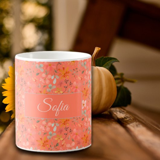 Mug Boho rustique fleurs aquarelle motif orange