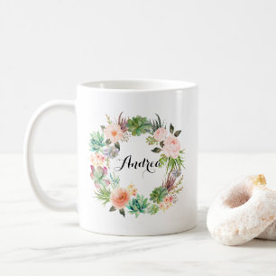 Mug Boho Succulents Floral Wreath Personnalisé
