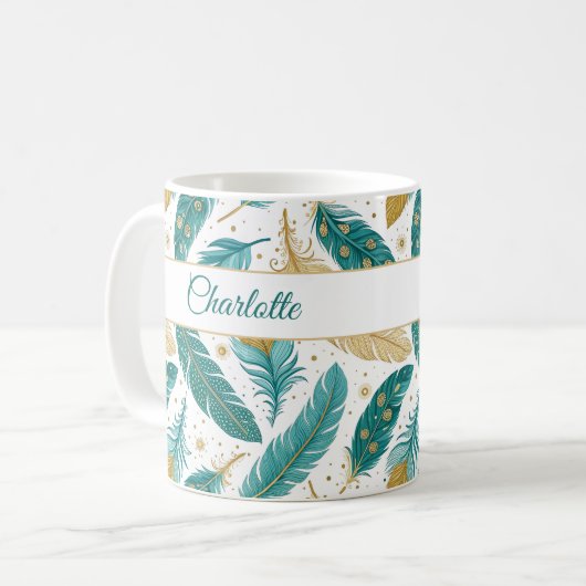Mug Boho Turquoise et or Feathers Nom du script (Devant gauche)