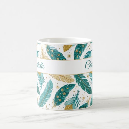 Mug Boho Turquoise et or Feathers Nom du script (Centre)