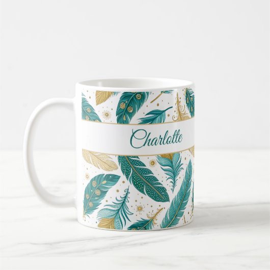 Mug Boho Turquoise et or Feathers Nom du script (Gauche)