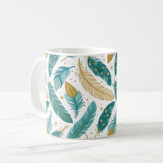 Mug Boho Turquoise et or plumes (Devant gauche)