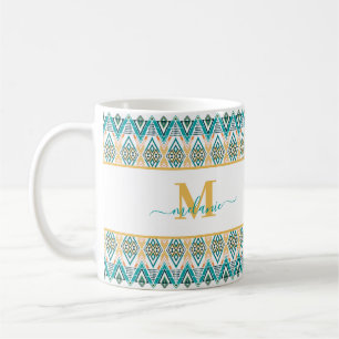 Mug Boho Turquoise Mustard Ethnique Monogramme Abstrai