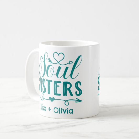 Mug Boho Turquoise Soul Soeurs Script Nom personnalisé (Devant gauche)
