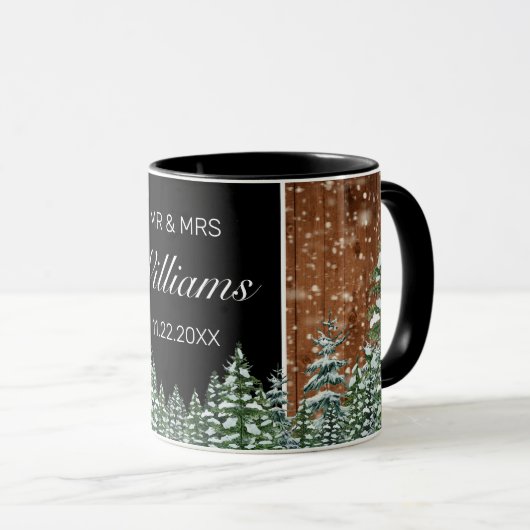 Mug Bois neigeux & Forêt Pin Noir Mariage M. Mme (Devant droit)