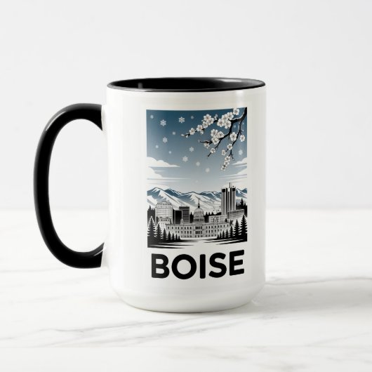 Mug Boise Skyline Black and White Woodcut Winter (Gauche)