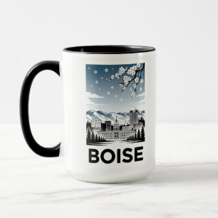 Mug Boise Skyline Noir et Blanc Gravure sur Bois Hiver