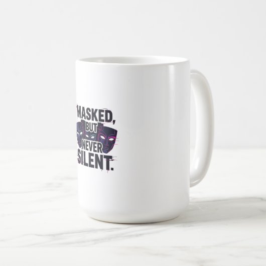 Mug Bold Digital Art with Three Stylized Masks and "Ma (Devant droit)