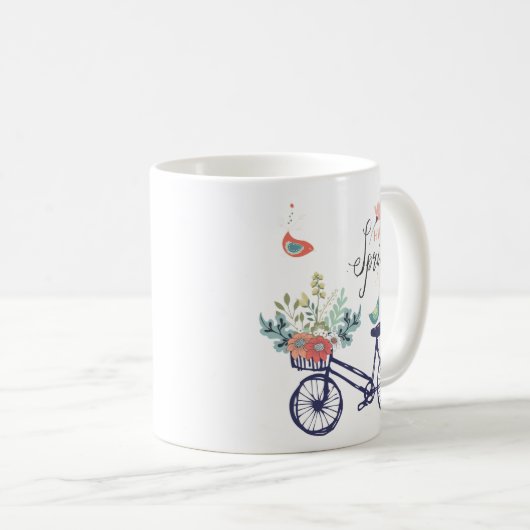 Mug Bon design printemps : vélo, fleurs et oiseaux (Devant droit)