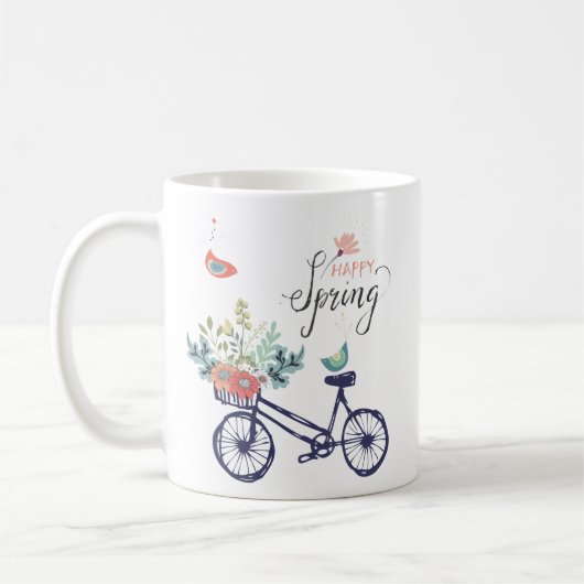 Mug Bon design printemps : vélo, fleurs et oiseaux (Gauche)