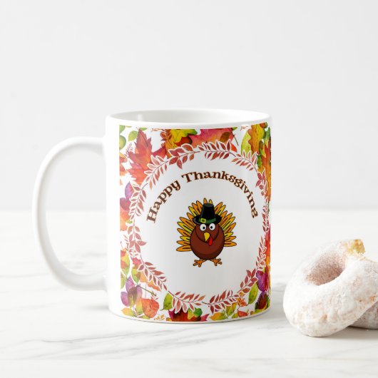 Mug Bon thanksgiving Turquie entourée de Feuilles d'au (Avec donut)