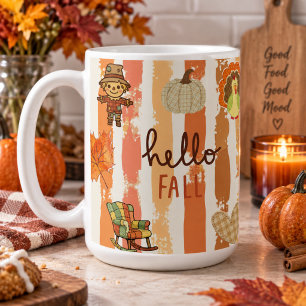 Mug Bonjour Automne Patchwork Rustique Feuilles Orange