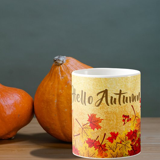 Mug Bonjour Automne Rustique Rouge Feuilles Orange Pap