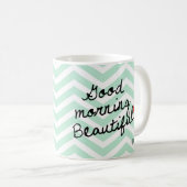 Mug Bonjour beau ! Motif vert de Chevron (Devant droit)