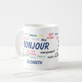 Mug Bonjour Beaucoup de langues Nom de voyage (Devant gauche)