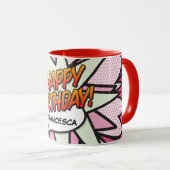 Mug BONJOUR D'ANNIVERSAIRE Fun Retro Comic Book Pink (Devant droit)