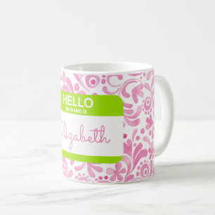 Mug Bonjour Mon Nom Nametag Aquarelle Art Rose Vert