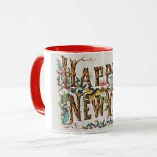 Mug Bonne année dans les troncs d'arbres, les glands e