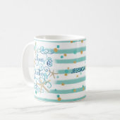 Mug Bonnes Fêtes tropicales, bandes et points Aqua (Devant gauche)