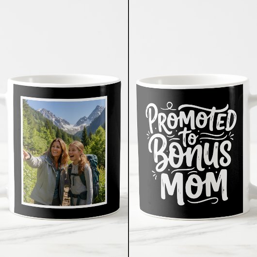 Mug Bonus Mom Promoted Brush Script 1 Photo Black