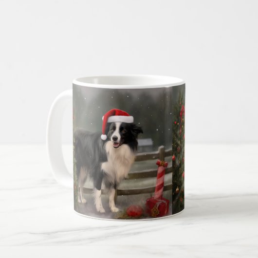 Mug Bordure Collie Chien dans neige Noël (Devant gauche)