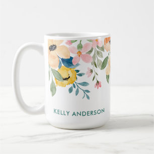 Mug Bordure Florale Aquarelle Botanique Gris Rose Pêch