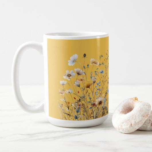 Mug Bordure florale d'été jaune Mimosa (Avec donut)