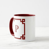 Mug Bordure Monogramme Clé Grecque Rouge de Grange (Devant gauche)