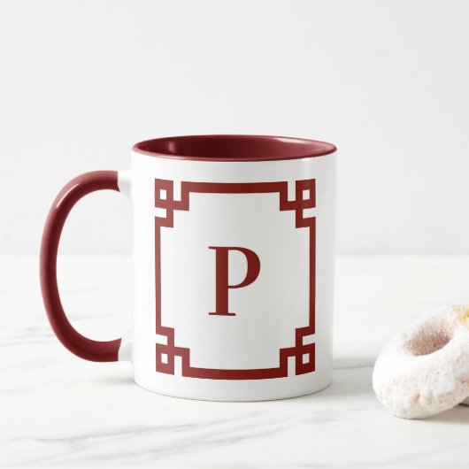Mug Bordure Monogramme Clé Grecque Rouge de Grange (Avec donut)