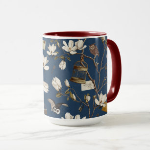 Mug Bosquet de magnolias avec des hiboux en bleu marin