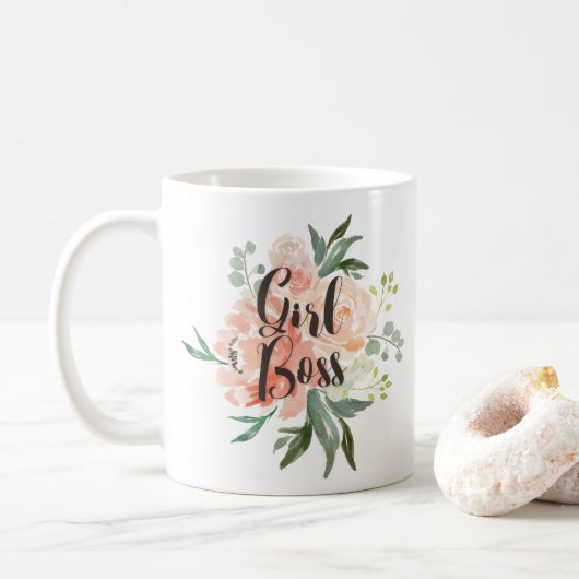 Mug Boss florale de printemps à l'aquarelle et à la pê (Avec donut)