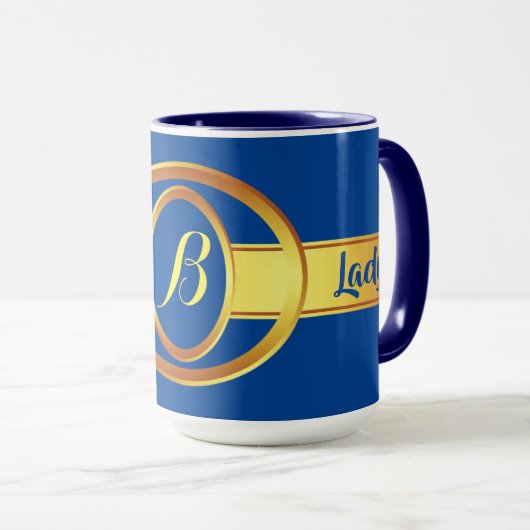 Mug Boss Lady Bleu et Jaune Monogram Ringer 15oz (Devant droit)