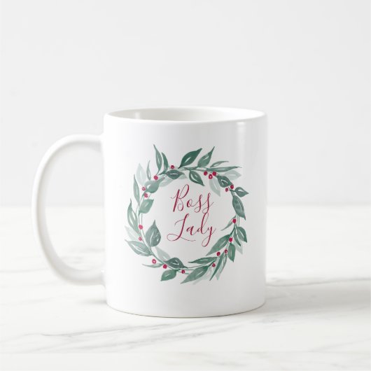 Mug Boss Lady Boho Verdure Wreath Red Berries Holiday (Gauche)