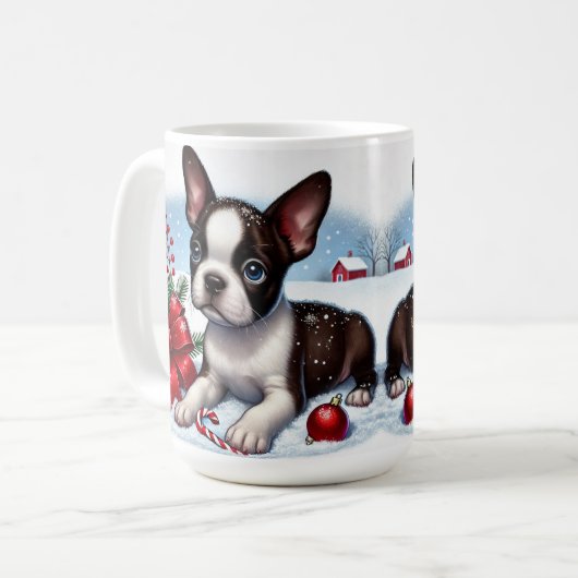 Mug Boston Terrier Chiot Avec Décorations De Noël (Devant gauche)