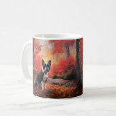 Mug Boston Terrier dans les feuilles d'automne qui tom (Devant gauche)