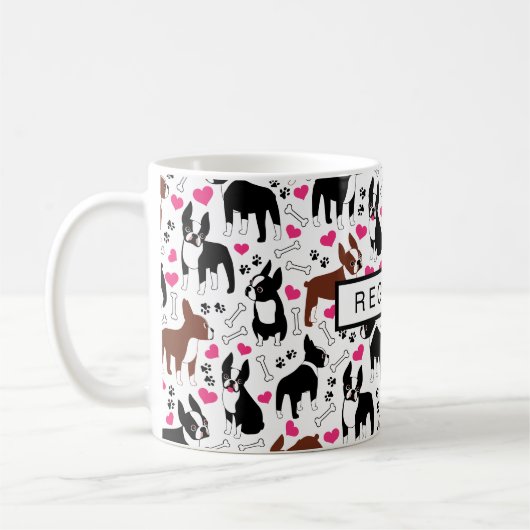 Mug Boston Terriers and Hearts Cute Custom Name (Gauche)